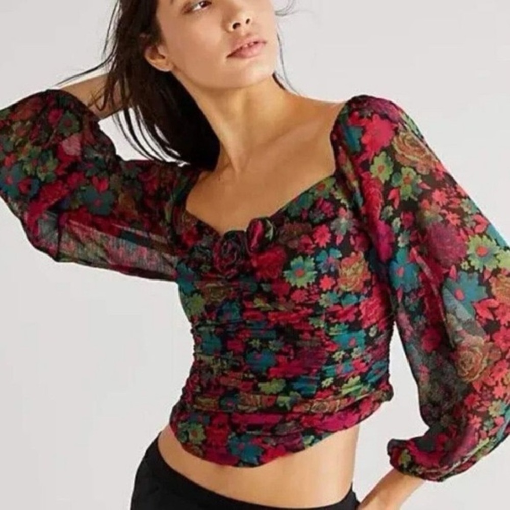Free People Oh Layla floral long-sleeve crop top Women's Small Boho Hippie Whim